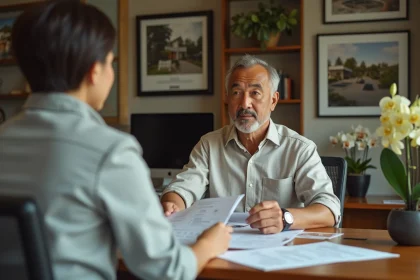 Un expatrié occidental signe des documents immobiliers avec un agent thaïlandais dans une agence à Chiang Mai, illustrant l'achat d'une maison en Thaïlande