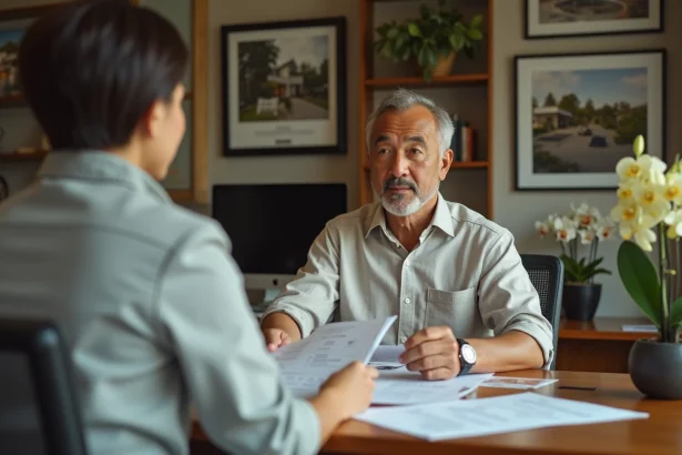 Un expatrié occidental signe des documents immobiliers avec un agent thaïlandais dans une agence à Chiang Mai, illustrant l'achat d'une maison en Thaïlande