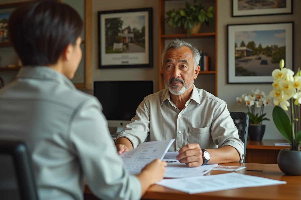 Un expatrié occidental signe des documents immobiliers avec un agent thaïlandais dans une agence à Chiang Mai, illustrant l'achat d'une maison en Thaïlande
