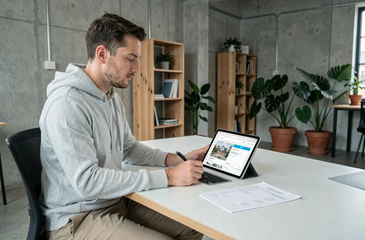 Jeune acheteur immobilier débutant comparant des annonces sur une tablette dans un espace de coworking