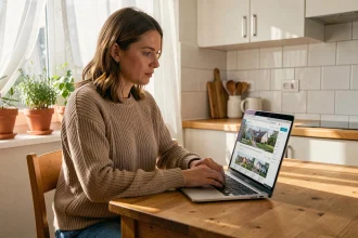 Femme débutante en immobilier consultant le site Limmomalin.fr sur un ordinateur portable dans sa cuisine