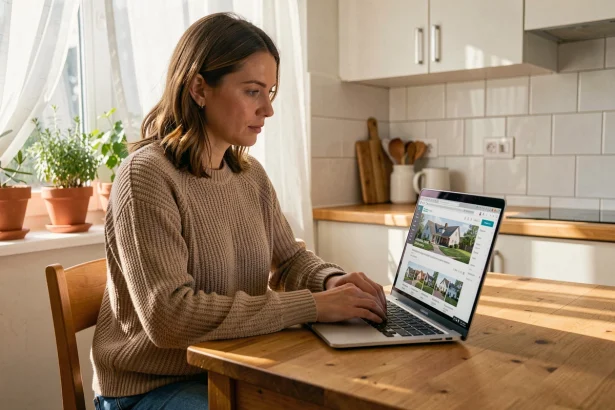 Femme débutante en immobilier consultant le site Limmomalin.fr sur un ordinateur portable dans sa cuisine