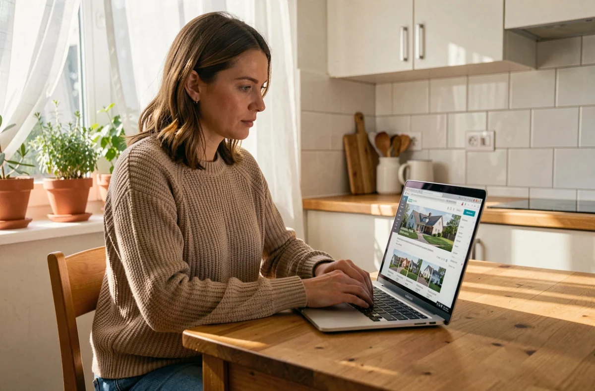 Femme débutante en immobilier consultant le site Limmomalin.fr sur un ordinateur portable dans sa cuisine