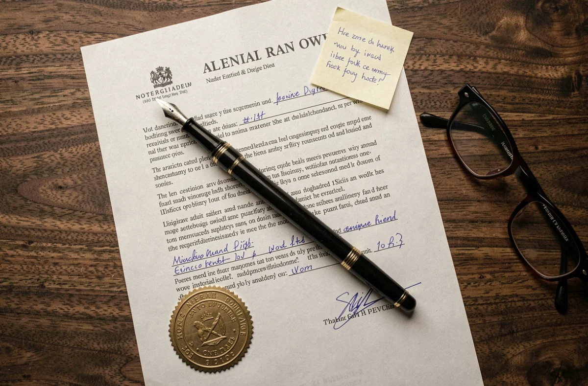 Vue en plongée d'un acte notarié de location-vente immobilière avec stylo plume, annotations manuscrites et cachet notarial sur bureau en bois