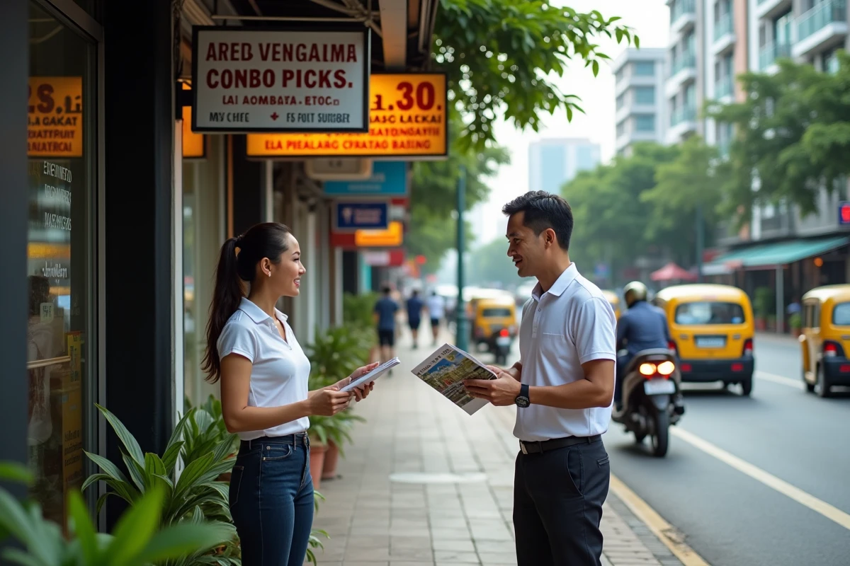 Agent immobilier thaïlandais présentant des brochures de condos abordables à Bangkok dans une rue animée du quartier