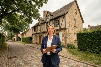 Agent immobilière professionnelle devant une maison normande en pierre dans l'Orne, représentant le marché immobilier local