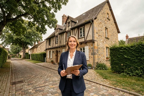 Agent immobilière professionnelle devant une maison normande en pierre dans l'Orne, représentant le marché immobilier local
