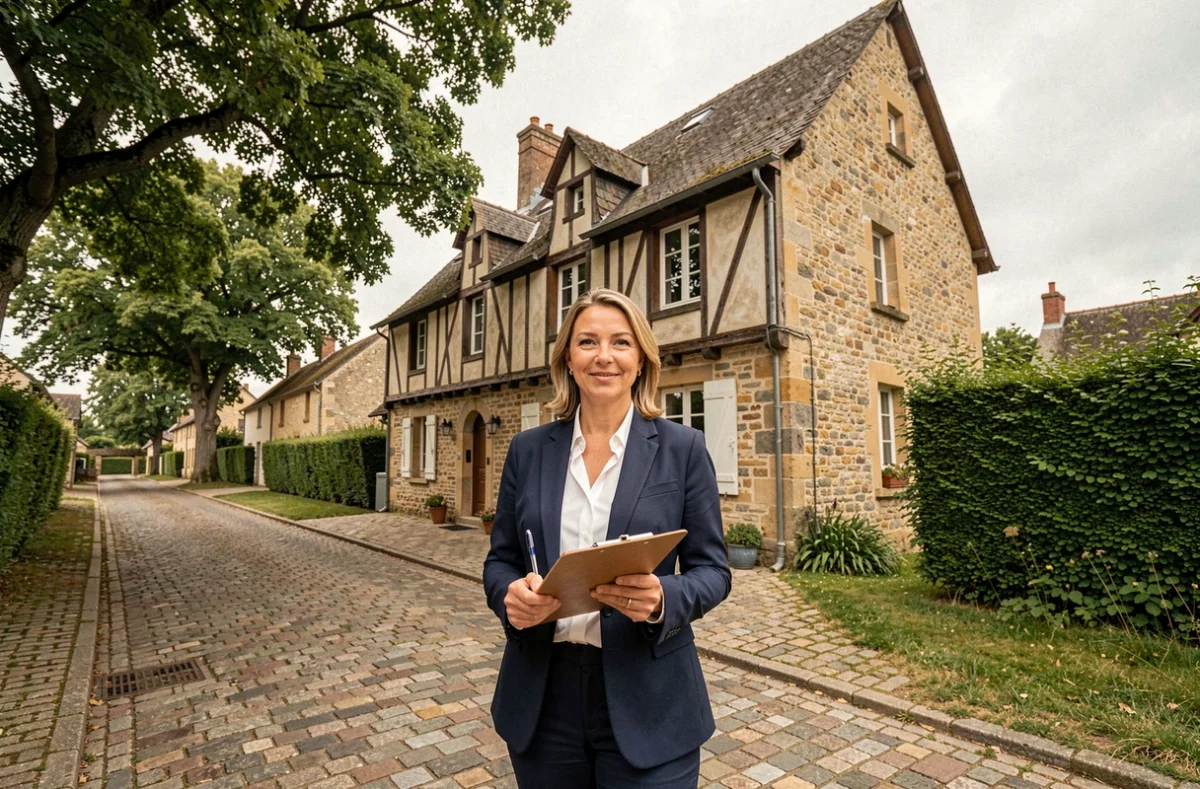 Agent immobilière professionnelle devant une maison normande en pierre dans l'Orne, représentant le marché immobilier local