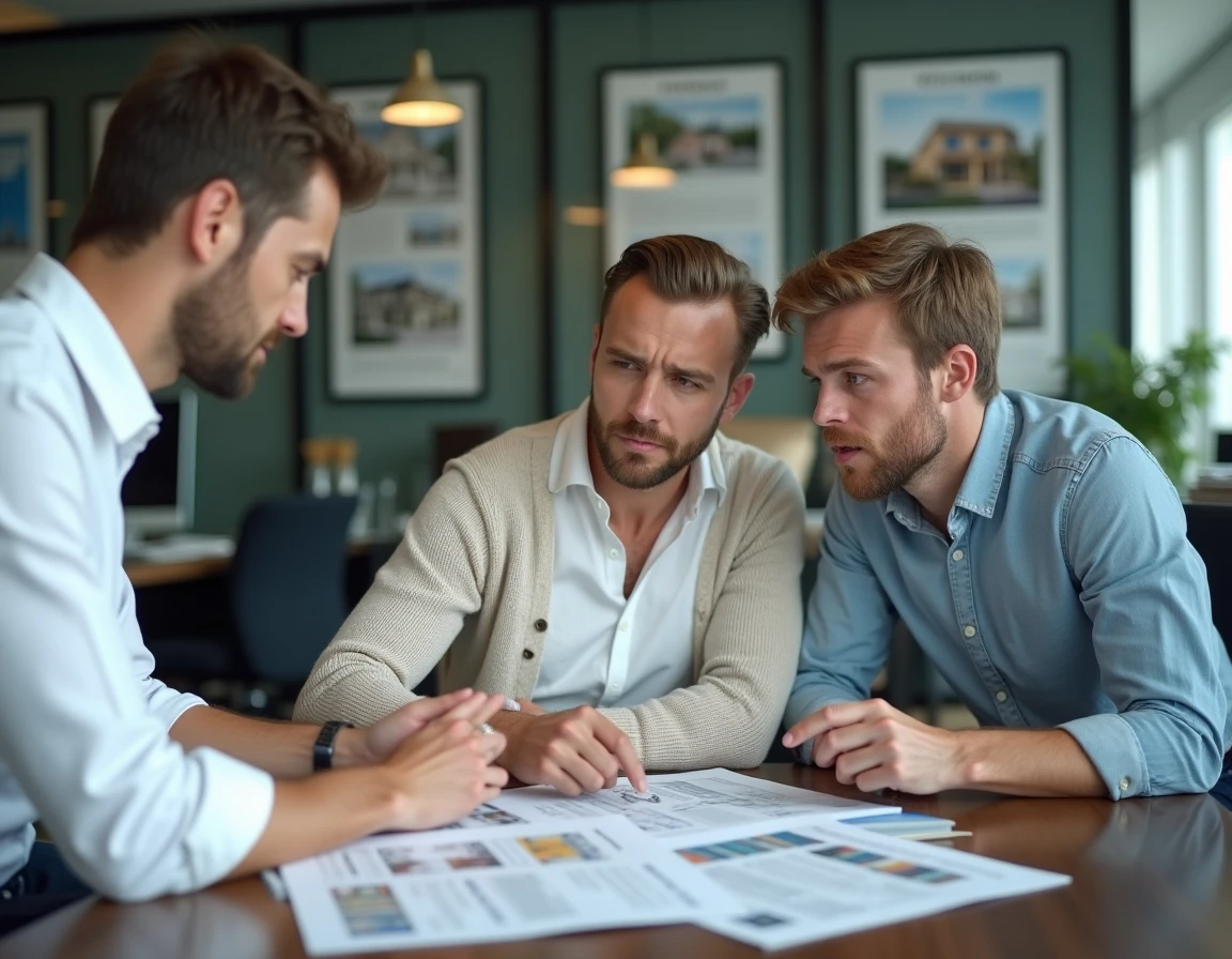 Agent immobilier et couple discutant d'un dossier locatif bloqué en agence