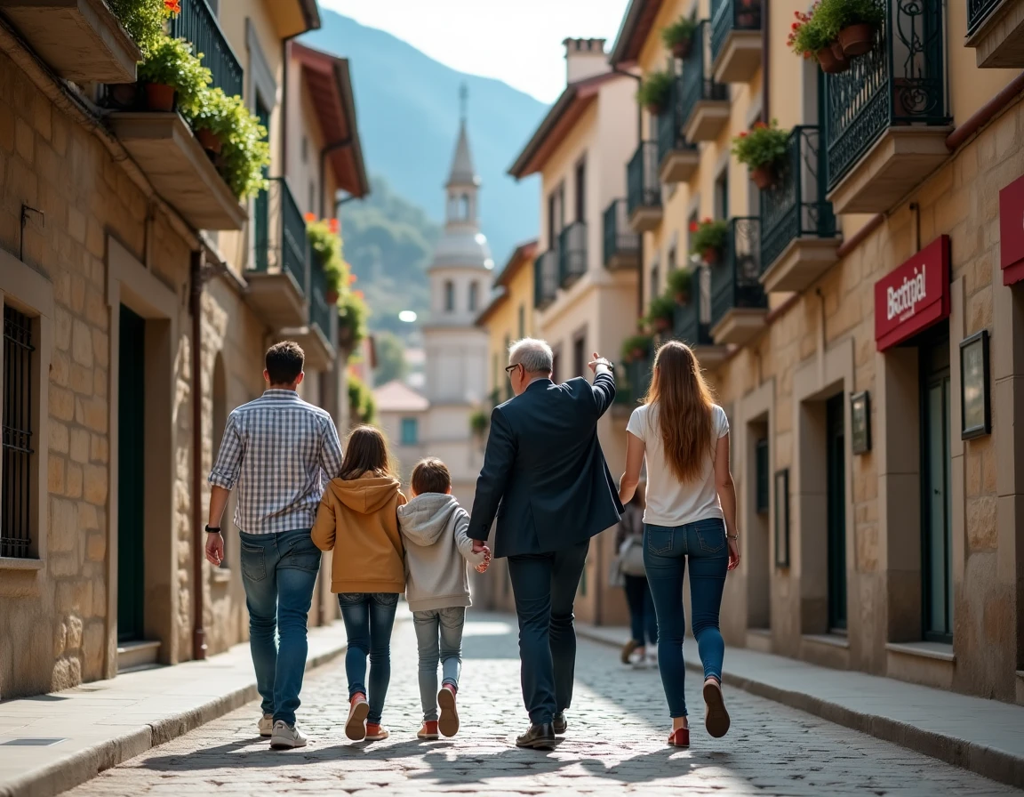 Agent immobilière présentant un immeuble résidentiel traditionnel à des acheteurs potentiels dans une rue pavée d'Andorre la Vieille