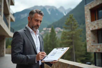 Agent immobilier en Andorre examinant des annonces devant un immeuble moderne avec vue sur les Pyrénées