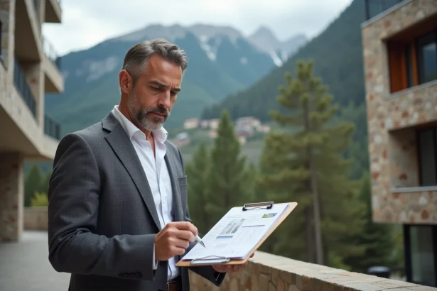 Agent immobilier en Andorre examinant des annonces devant un immeuble moderne avec vue sur les Pyrénées