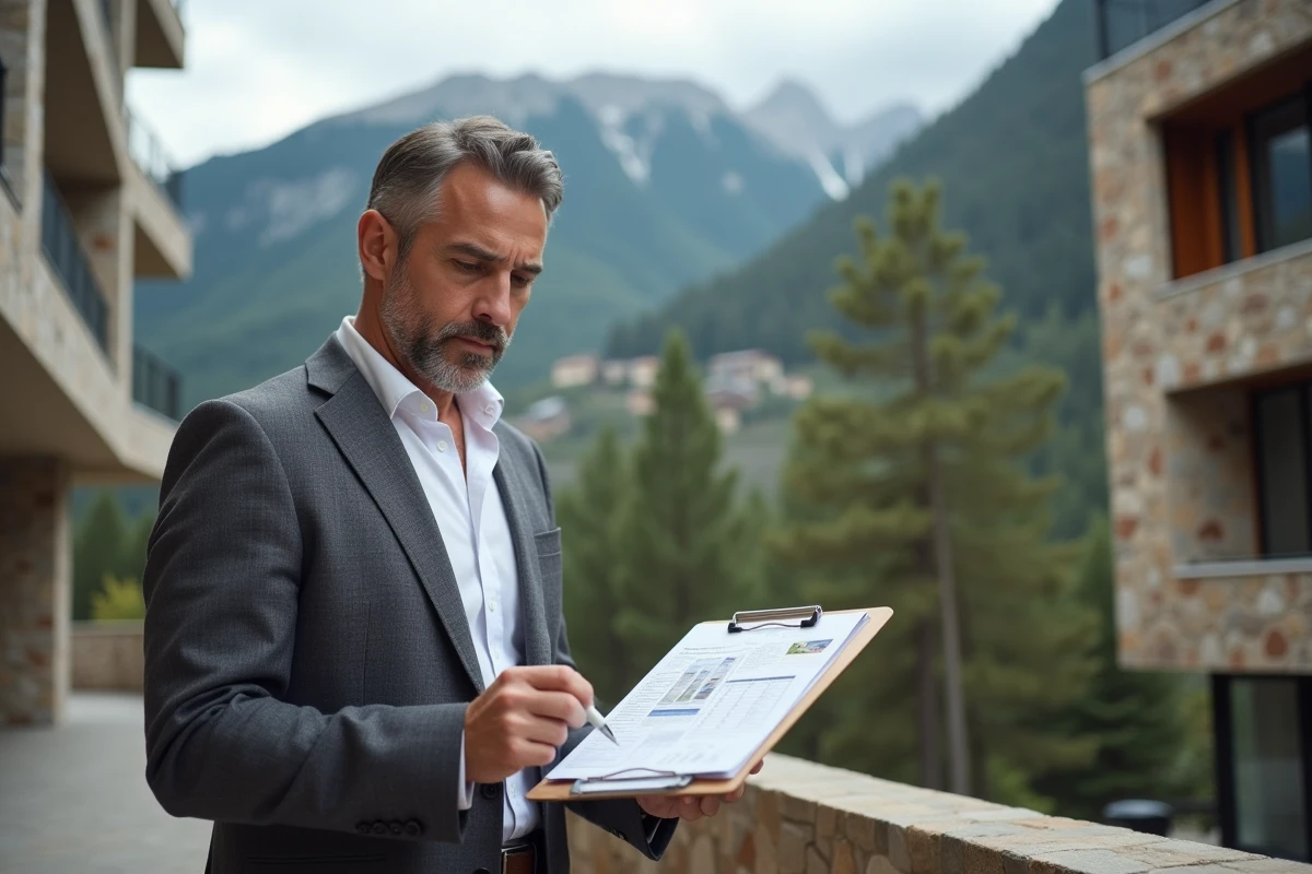 Agent immobilier en Andorre examinant des annonces devant un immeuble moderne avec vue sur les Pyrénées