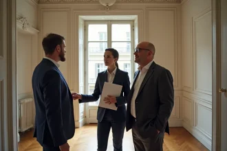 Agent immobilier présentant un appartement haussmannien à des investisseurs dans le cadre d'une défiscalisation immobilière