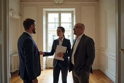 Agent immobilier présentant un appartement haussmannien à des investisseurs dans le cadre d'une défiscalisation immobilière