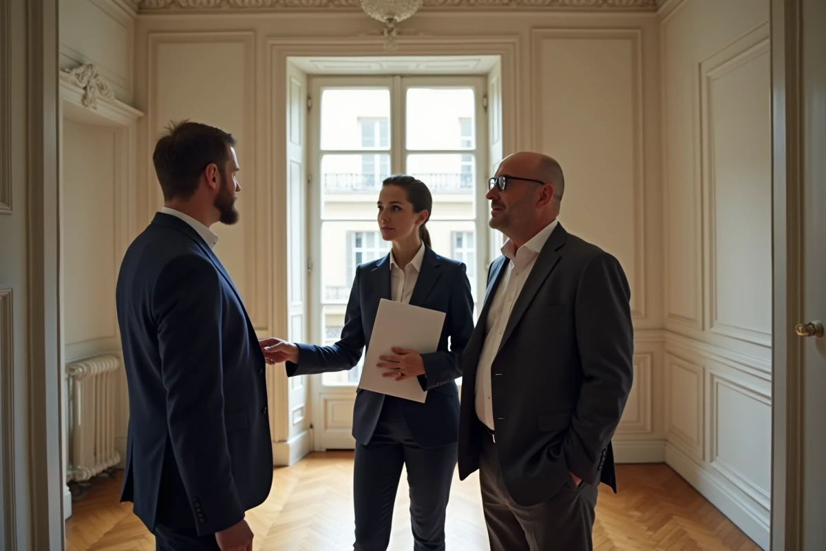 Agent immobilier présentant un appartement haussmannien à des investisseurs dans le cadre d'une défiscalisation immobilière