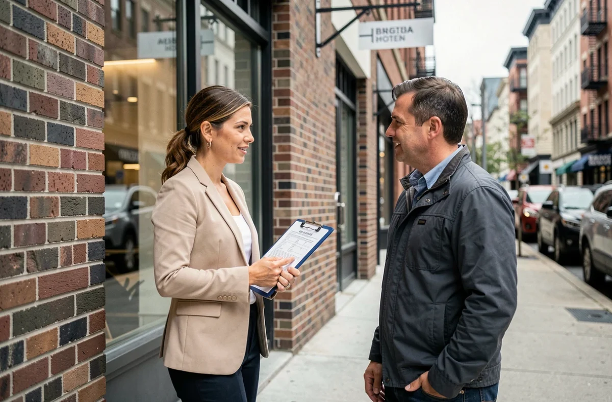 Agent immobilier et propriétaire de commerce discutant d'un diagnostic de bail commercial devant une vitrine en ville