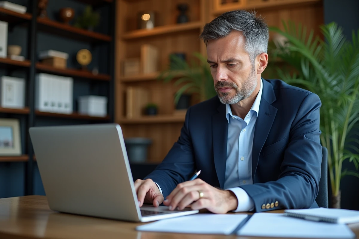 Agent immobilier en bureau moderne avec laptop et documents