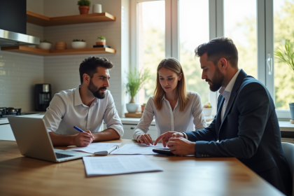 Agent immobilier expliquant la plus-value à un couple dans une cuisine lumineuse