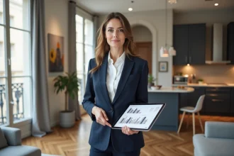 Agente immobilière estimant le loyer d'un appartement moderne à Lyon avec une tablette affichant des données de prix