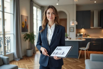 Agente immobilière estimant le loyer d'un appartement moderne à Lyon avec une tablette affichant des données de prix
