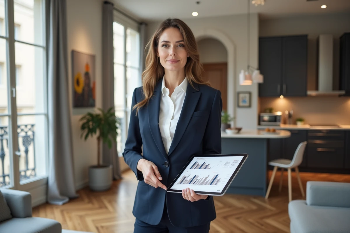 Agente immobilière estimant le loyer d'un appartement moderne à Lyon avec une tablette affichant des données de prix