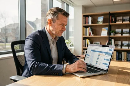 Agent immobilier analysant les tarifs du logiciel Bricosuccess-immo sur un ordinateur portable dans un bureau professionnel
