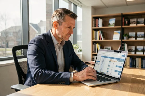 Agent immobilier analysant les tarifs du logiciel Bricosuccess-immo sur un ordinateur portable dans un bureau professionnel