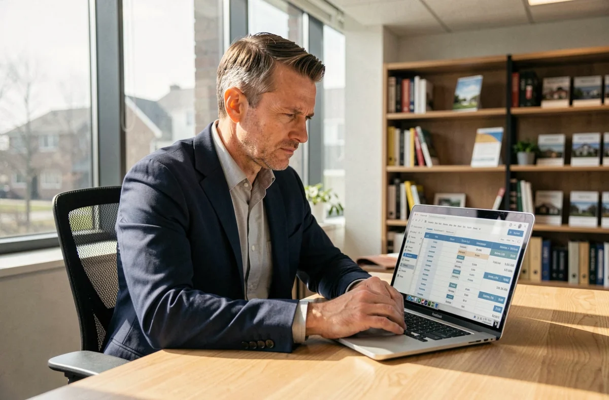 Agent immobilier analysant les tarifs du logiciel Bricosuccess-immo sur un ordinateur portable dans un bureau professionnel