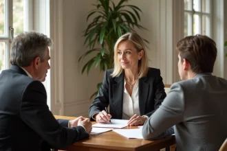 Agent immobilier élégante discute avec un couple dans un salon luxueux