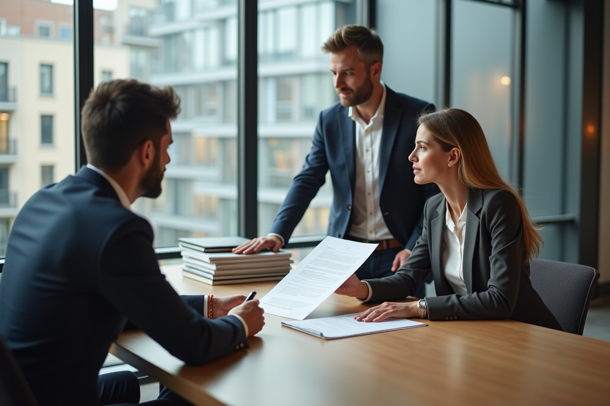 Agent immobilier présentant un contrat à un couple en réunion