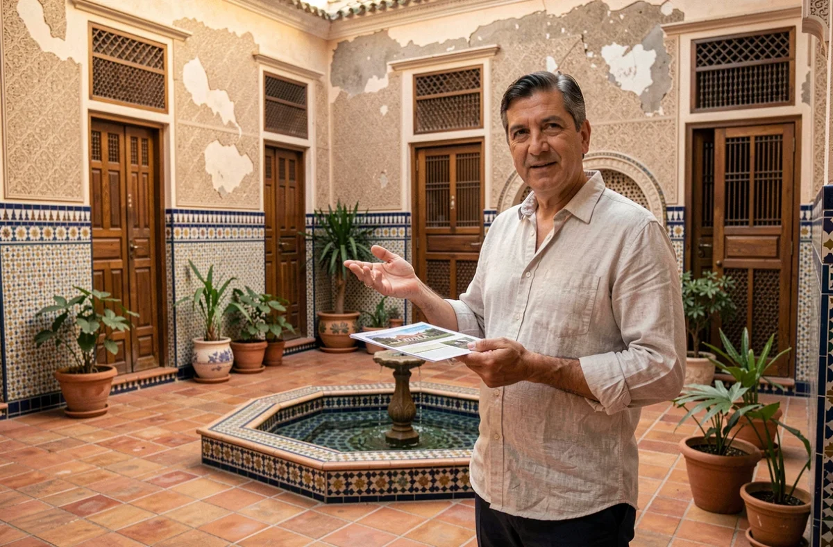 Agent immobilier marocain présentant un riad abordable dans la médina de Marrakech