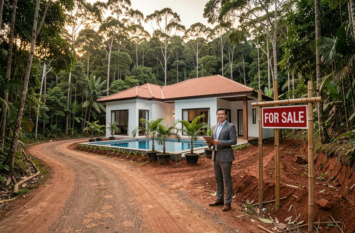 Agent immobilier thaïlandais devant une villa en vente dans une zone résidentielle émergente de Phuket