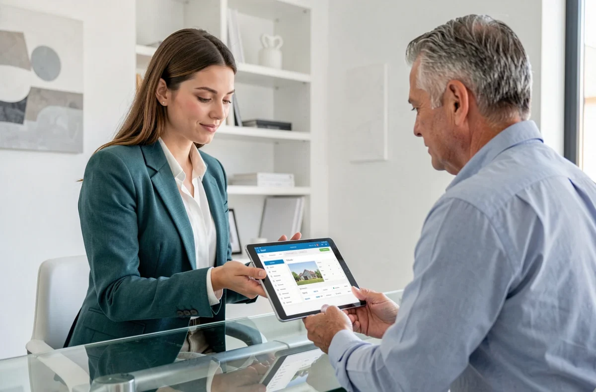 Syndic Alter.immo à Pau, conseillère immobilière présentant des données de gestion de copropriété à un client dans un bureau moderne