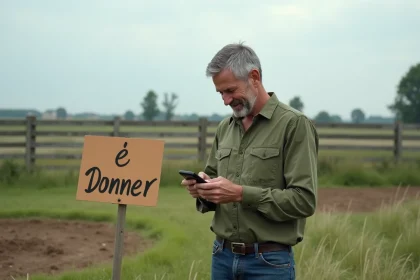 Homme publiant une annonce de terrain à donner gratuitement depuis son smartphone, debout sur le terrain avec un panneau À Donner planté dans l'herbe