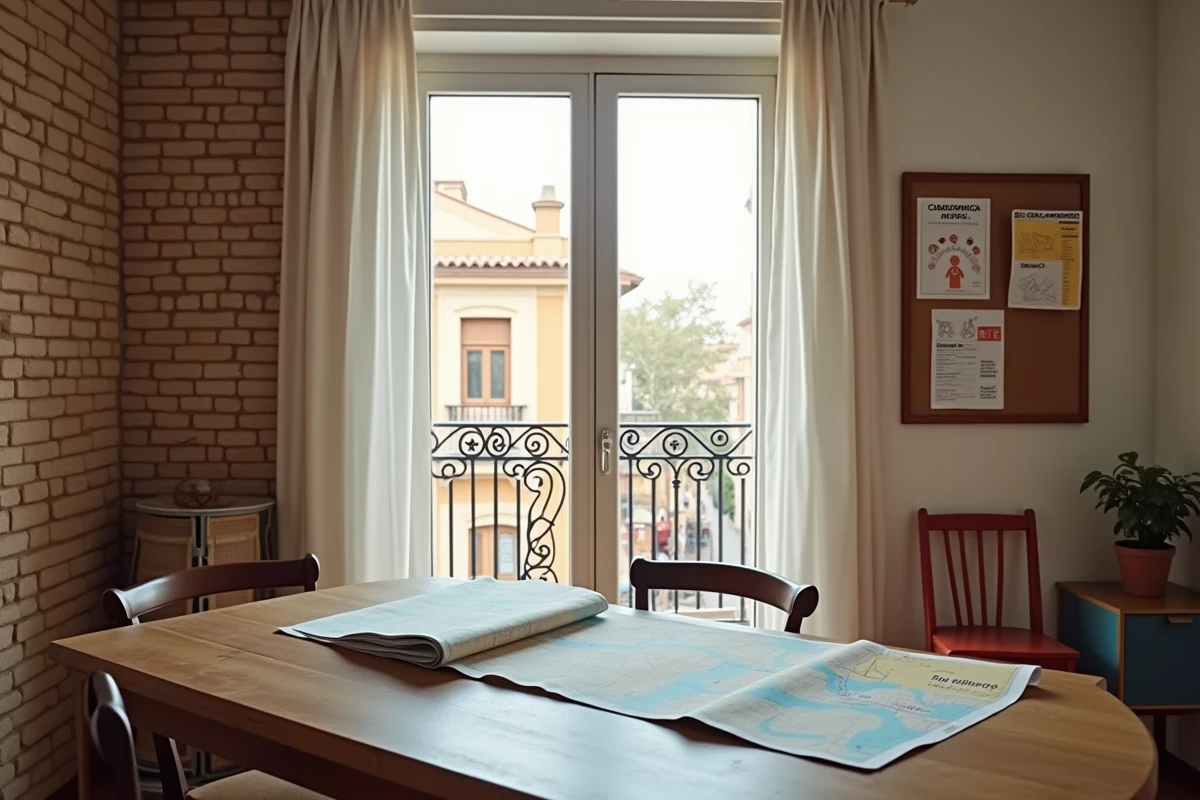 Salon d'un appartement familial à Barcelone avec documents de scolarisation et vue sur quartier résidentiel