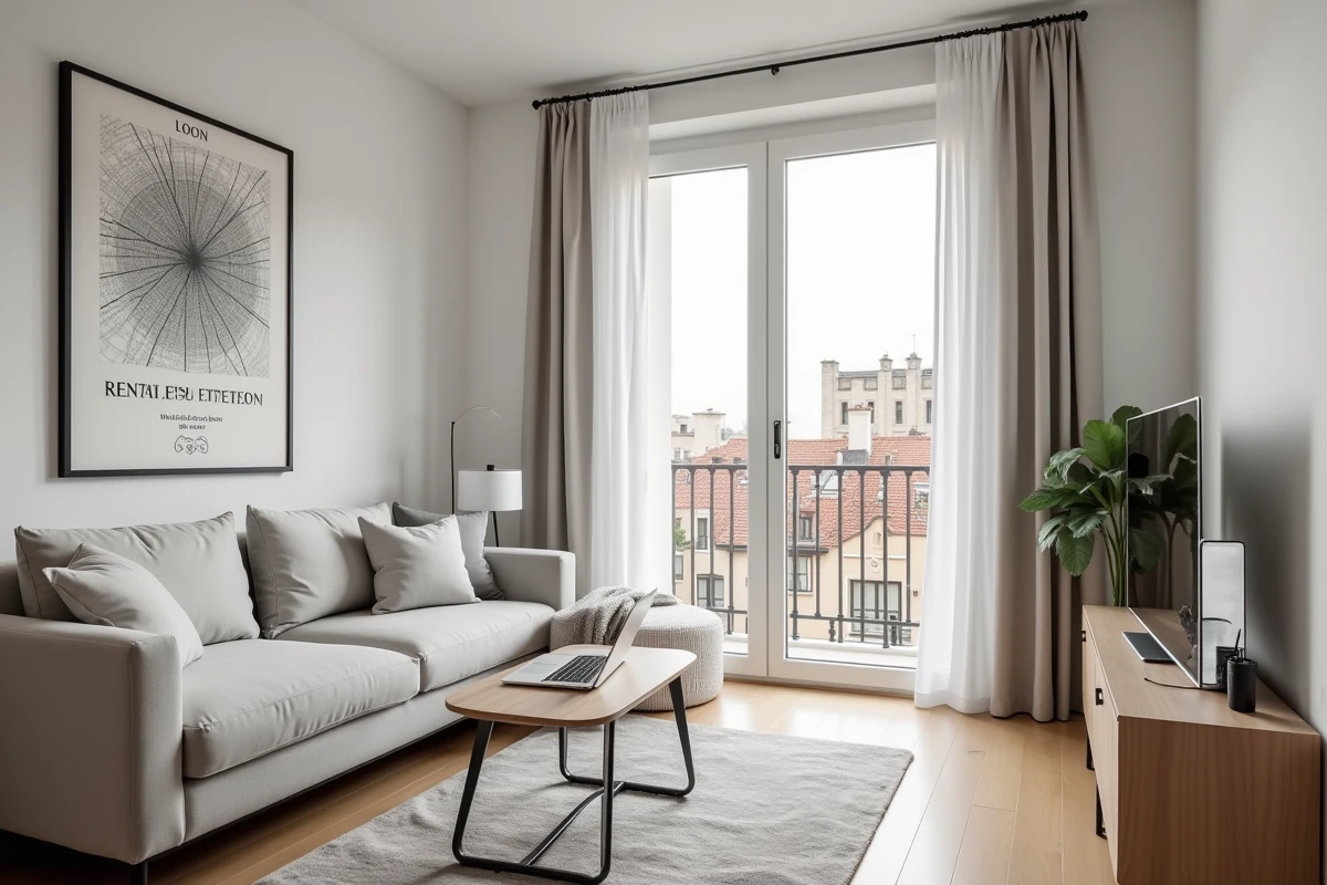 Appartement meublé à Lyon avec un ordinateur affichant une estimation de loyer en ligne sur une plateforme immobilière