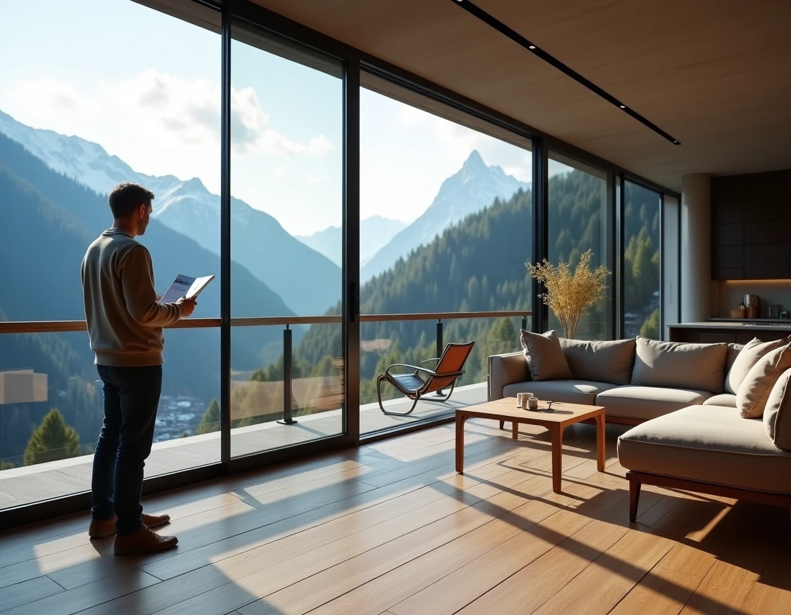 Homme consultant une brochure immobilière dans un appartement moderne en Andorre avec vue panoramique sur la montagne et les pistes de ski