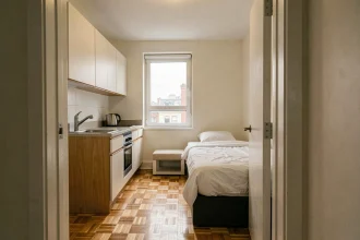 Intérieur d'un appartement T1 compact avec coin cuisine et lit dans une seule pièce