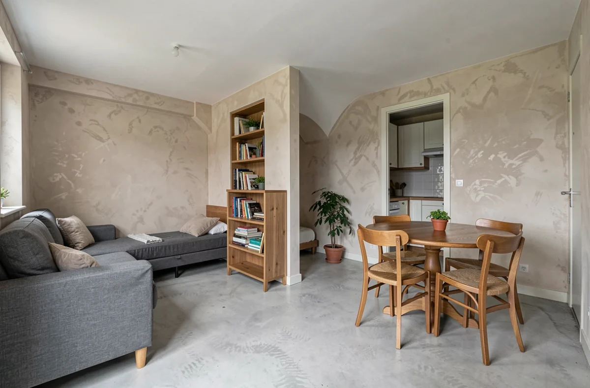 Appartement T1bis avec espace de vie séparé de la chambre par une demi-cloison
