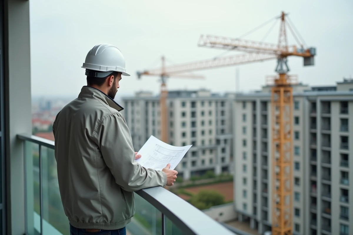 Architecte sur chantier d'immeuble neuf examinant des plans pour un investissement immobilier en loi Pinel