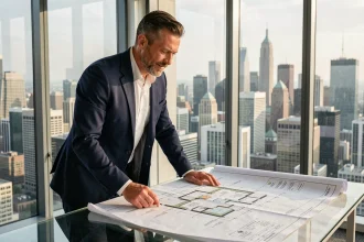 Architecte examinant des plans de développement urbain dans un bureau moderne avec vue sur la métropole