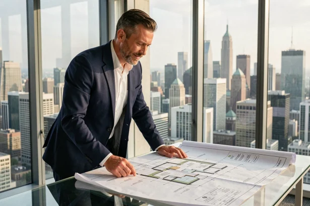 Architecte examinant des plans de développement urbain dans un bureau moderne avec vue sur la métropole