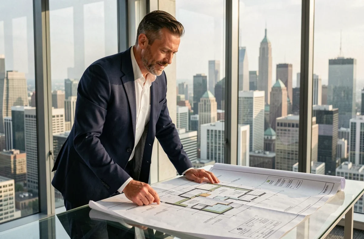 Architecte examinant des plans de développement urbain dans un bureau moderne avec vue sur la métropole