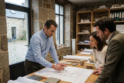 Architecte breton présentant des plans de construction à un couple dans un studio avec murs en pierre apparente