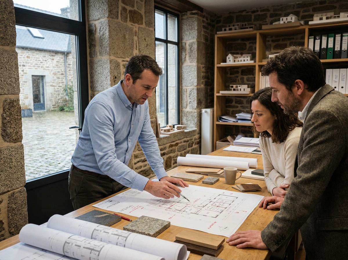 Architecte breton présentant des plans de construction à un couple dans un studio avec murs en pierre apparente
