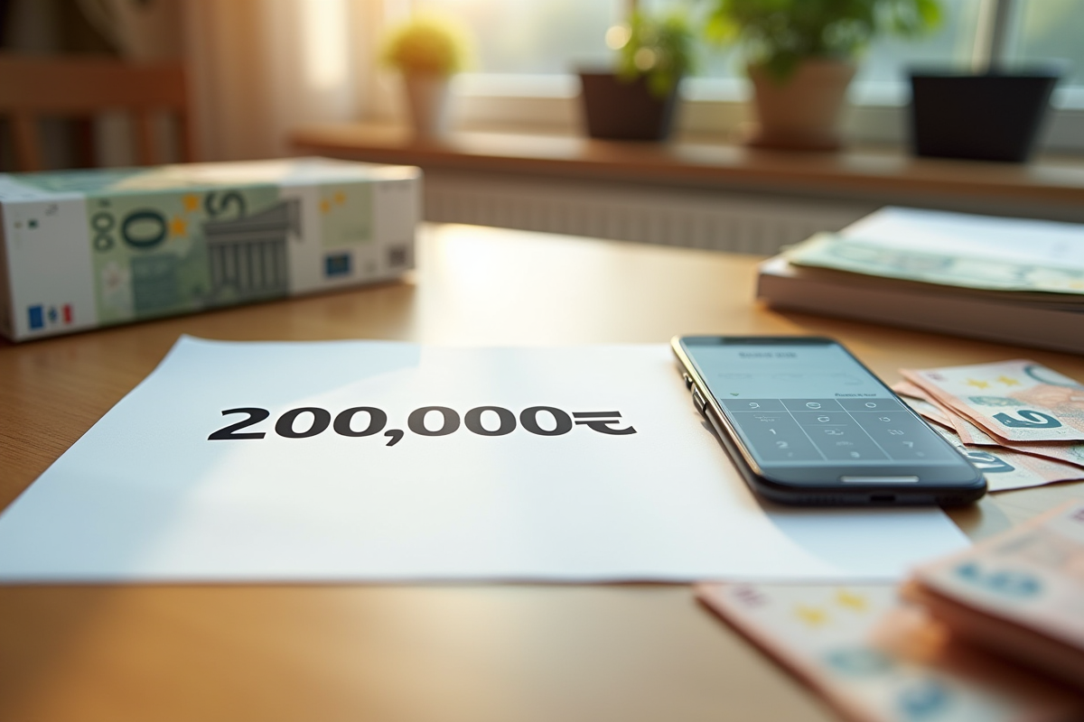 Feuille avec 200000 euros et smartphone avec calculatrice