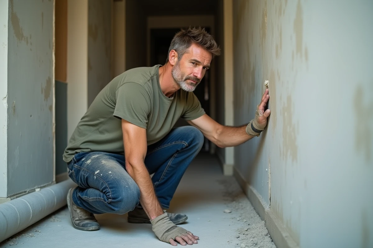 Artisan vérifiant la qualité d'un enduit mural dans un couloir en rénovation avec plaques de plâtre et carrelage empilé