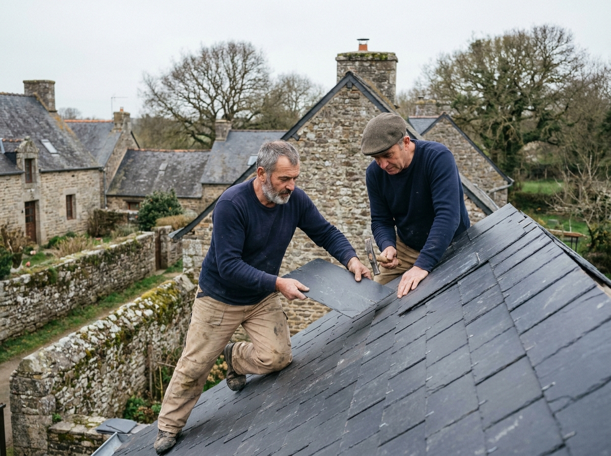 Deux artisans posant des ardoises sur le toit pentu d'une ferme bretonne traditionnelle dans un village rural