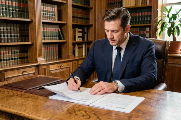 Avocat en costume marine examinant un diagnostic de bail commercial sur un bureau en chêne dans un cabinet juridique